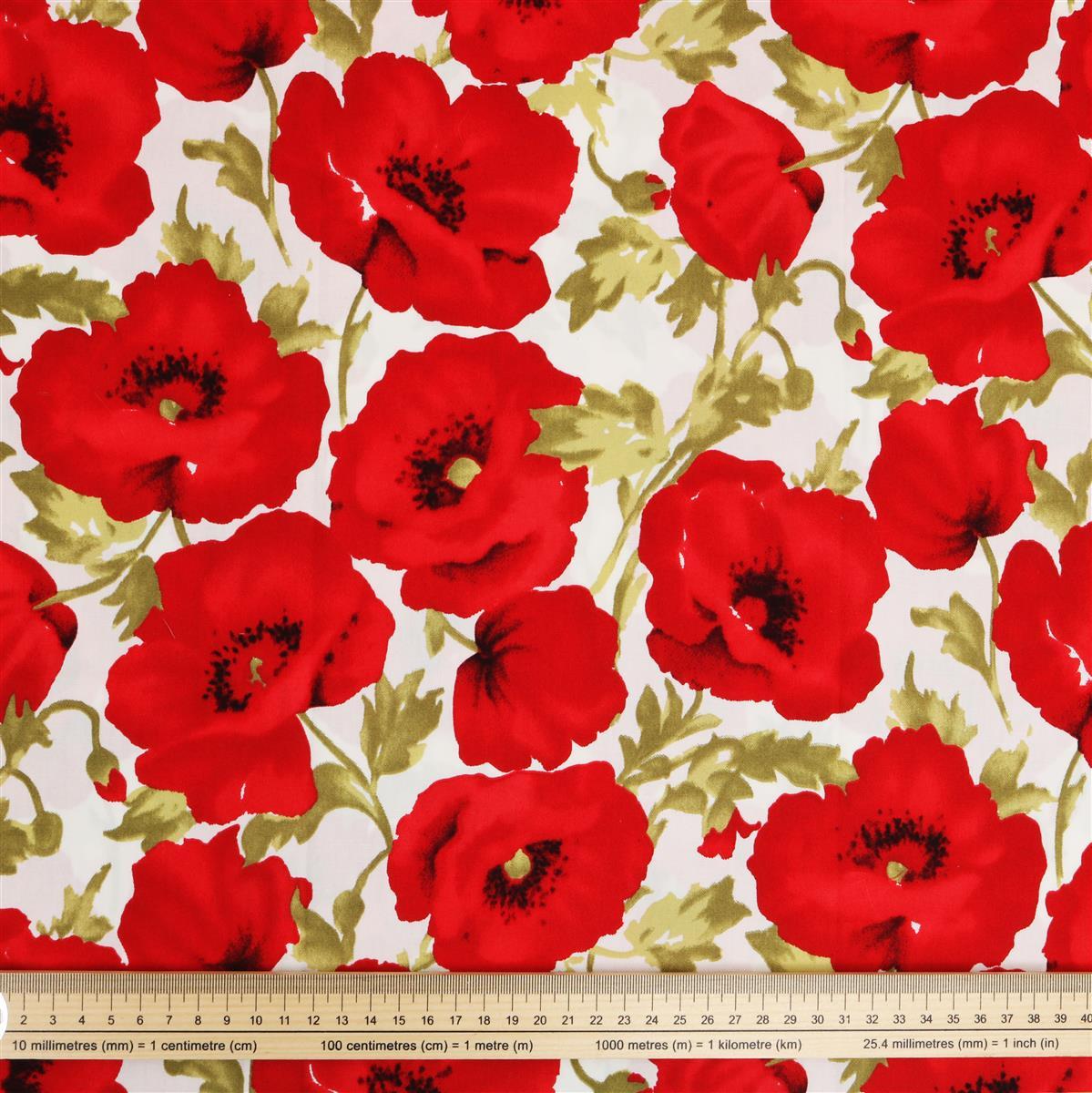 White Background with Red M Logo - Large Red Poppy Print on White Background Fabric. 0.5m - Sewing Quarter