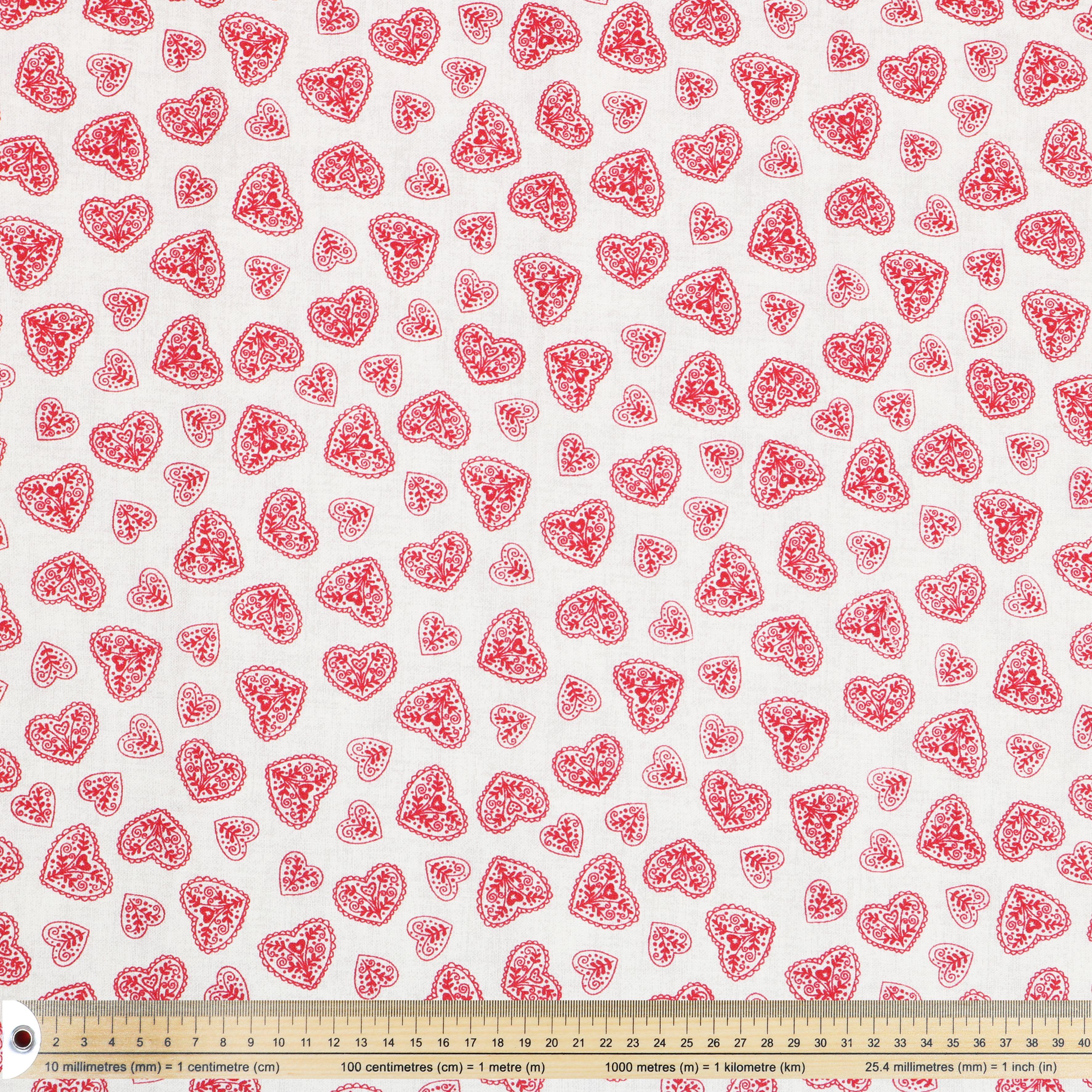 White Background with Red M Logo - Scandi 4 Red Hearts on White Background Fabric by Makower. 0.5m ...