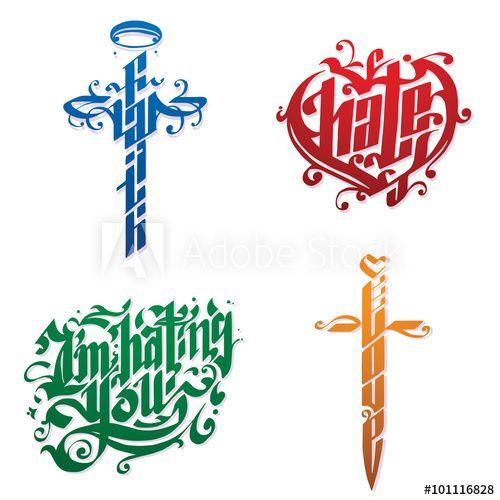 White Background with Red M Logo - Vector set of funny hand-letterings: faith as blue cross, hate as ...