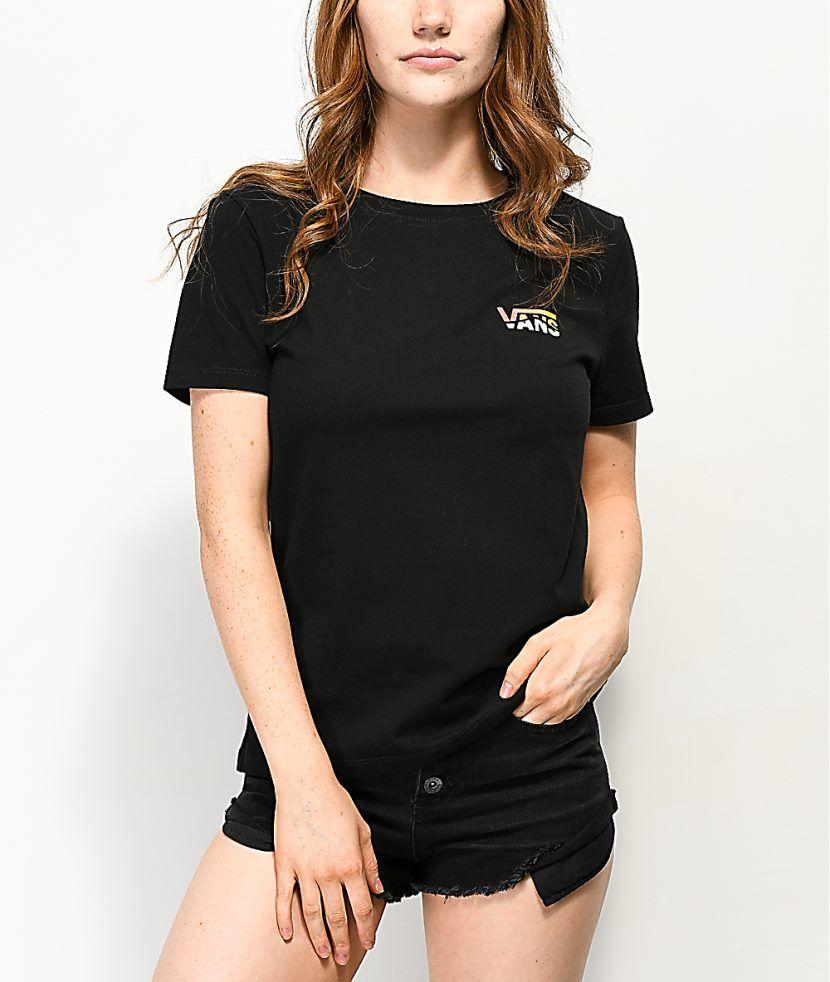Fashion with a Black Wave Logo - Fitted Cozy Women Vans Checkerboard Wave Logo Black T-Shirt (Black ...