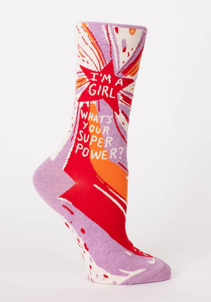 Red and Blue Q Logo - BLUE Q I'm A Girl, What's Your Superpower? Women's Socks. Newbury