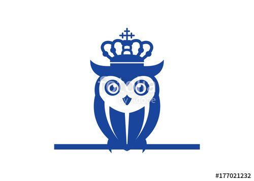 Standing Owl Logo - owl blue logo design with royal crown standing, waching