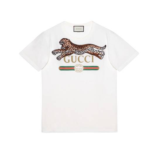 Leopard Logo - Oversize T-shirt with Gucci logo and leopard in White washed cotton ...