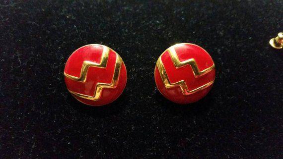 Red Wave Mountain Logo - Monet Red Enamel Button Earrings vintage wave mountain