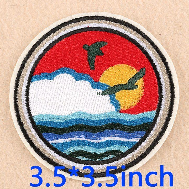 Red Wave Mountain Logo - High Grade Round Sea Wave Mountain Embroidered Patches for Clothes ...