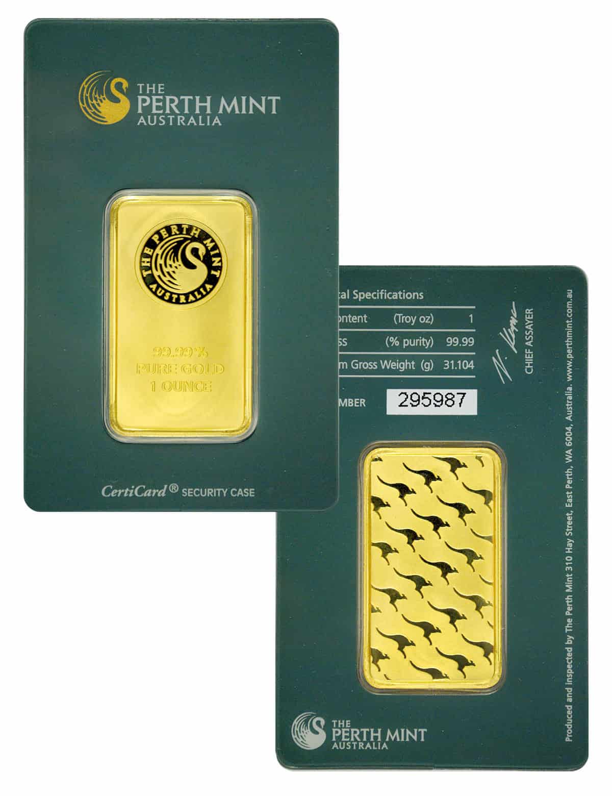 Gold and Green P Logo - 1 oz P erth M int Gold Bar - Minted Bar in Certicard (Bulk price ...