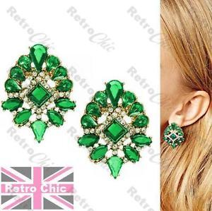 Gold and Green P Logo - ORNATE vintage style EARRINGS rhinestone EMERALD GREEN crystal big