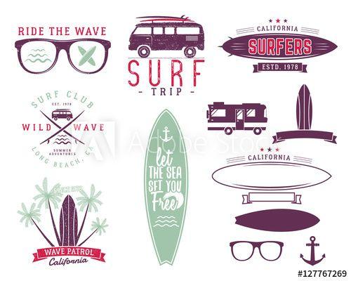 Pastel Beach Logo - Set of Vintage Surfing Graphics and Emblems for web design or prints ...