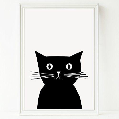 Cute Black and White Logo - Cat Print - Cute Black and White Illustrated Cat Artwork for Nursery ...