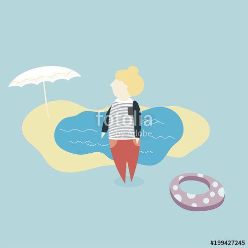 Pastel Beach Logo - flat design of hair bun girl character at beach in summer, pastel