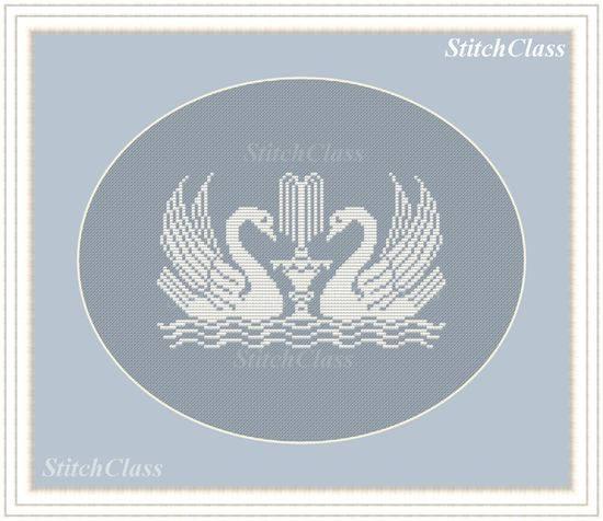 Two Swans Logo - Two swans and a fountain Cross Stitch Pattern PDF monochrome