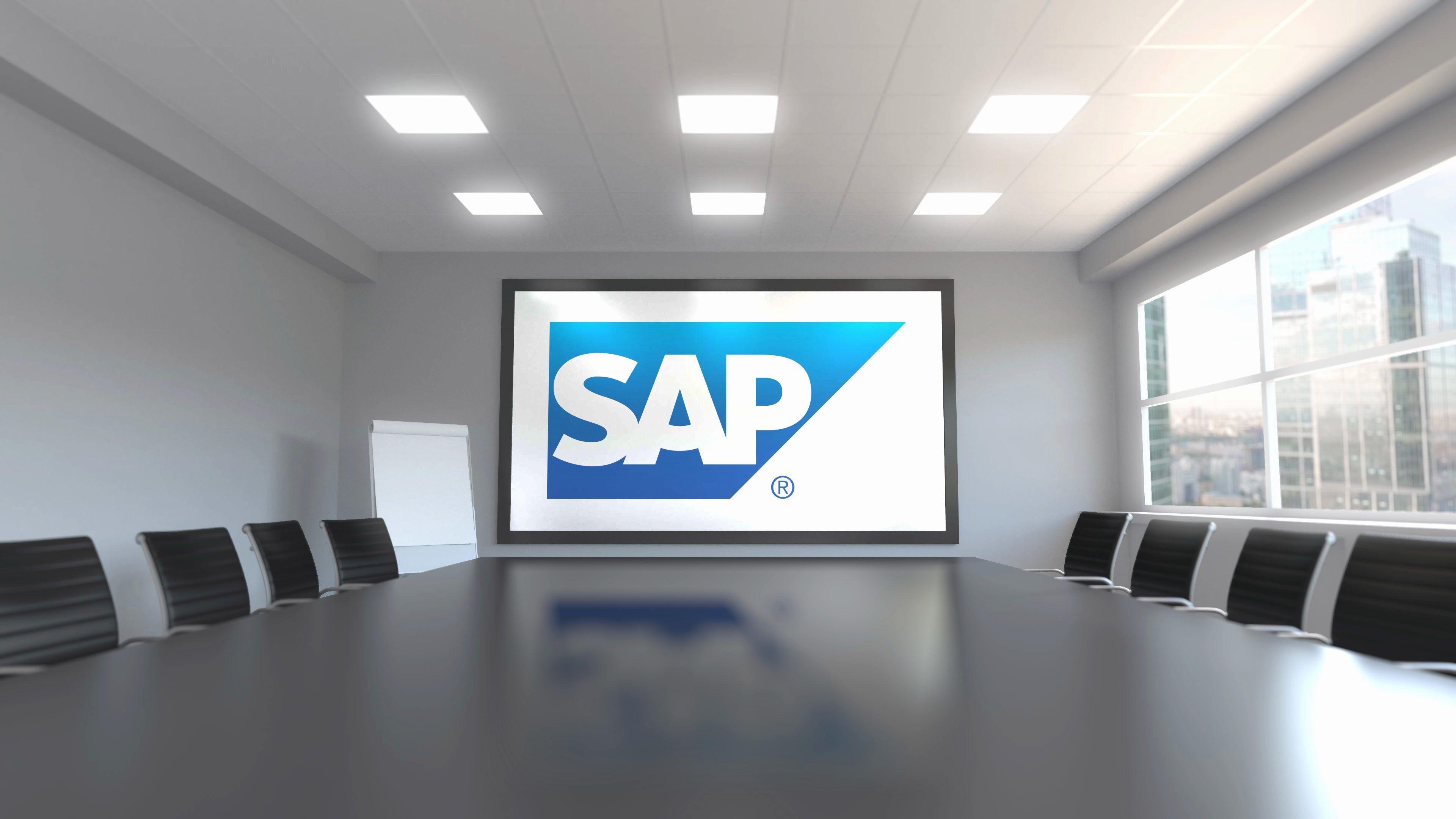 SAP SE Logo - SAP SE logo on the screen in a meeting room. Editorial 3D animation