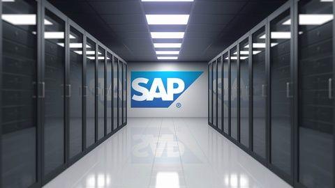 SAP SE Logo - SAP SE logo on the wall of the server room. Editorial 3D animation ...