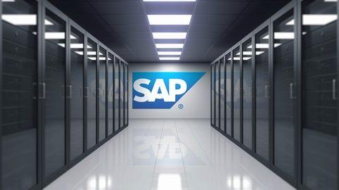 SAP SE Logo - SAP SE logo on the wall of the server room. Editorial 3D animation