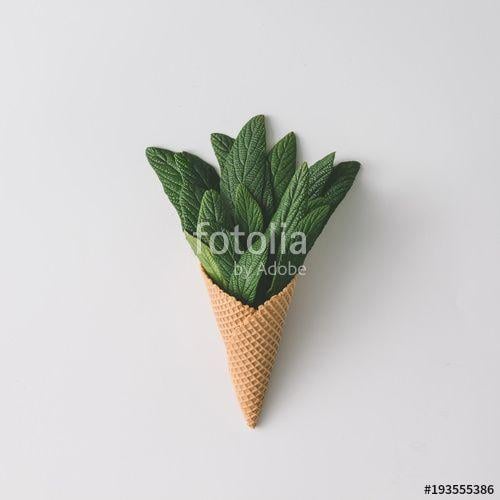 Ice Cream Green Leaf Logo - Ice cream cone with green leaves on bright background. Flat lay ...