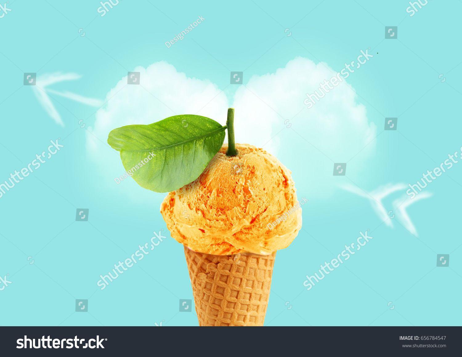 Ice Cream Green Leaf Logo - Ice cream cone of orange flavor with green leaf and cloud in love ...