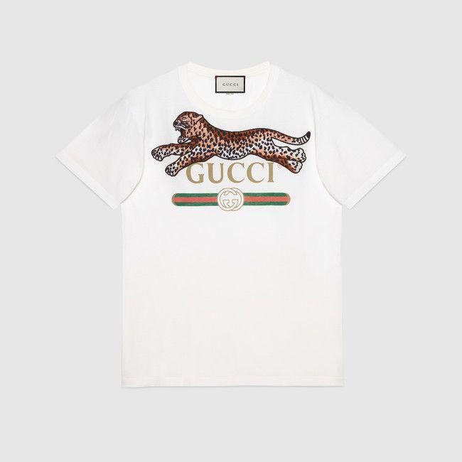 Gucci Clothing Logo - Oversize T-shirt with Gucci logo and leopard