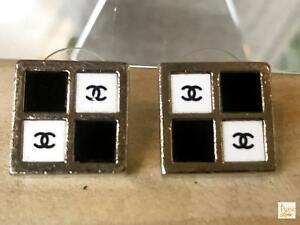 Silver Square Logo - $800 CHANEL Silver Square Black & White Checkered Pierced CC Logo