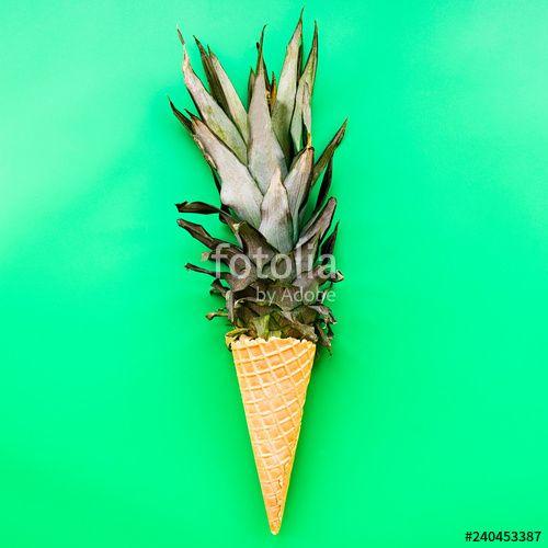 Ice Cream Green Leaf Logo - Ice cream cone with pineapple leaves on bright green background flat ...