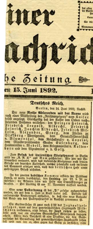 Newspaper with Red Eagle Logo - Berlin newspaper, 1892 report Red Eagle Order updates - Germany ...