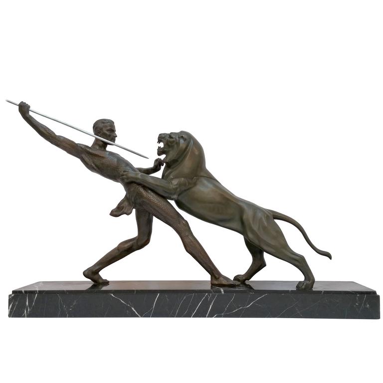 Art Deco Lion Logo - French Art Deco Hunter and Lion Sculpture Signed by Limousin For ...