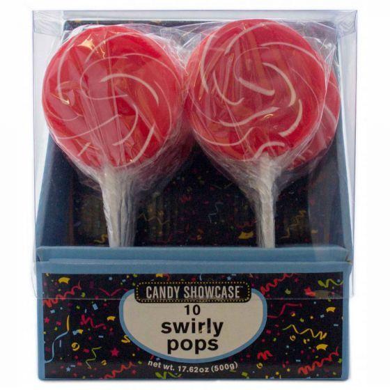Red Box with White Swirl Logo - Red & White Spiral Lollipops of 10. Red Lollies, Sweets