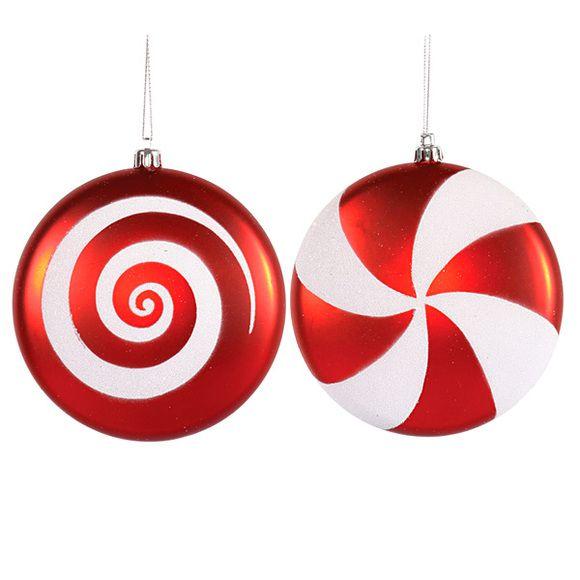 Red Box with White Swirl Logo - Red Candy Swirl Ornaments.75 Inch: 4 Piece Box