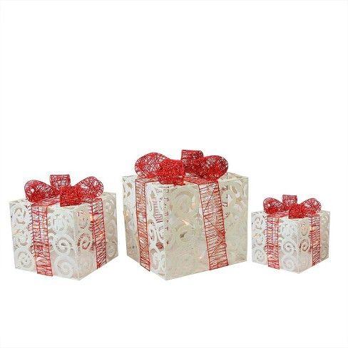 Red Box with White Swirl Logo - Northlight Set Of 3 Lighted Sparkling White Swirl Glitter Gift Boxes