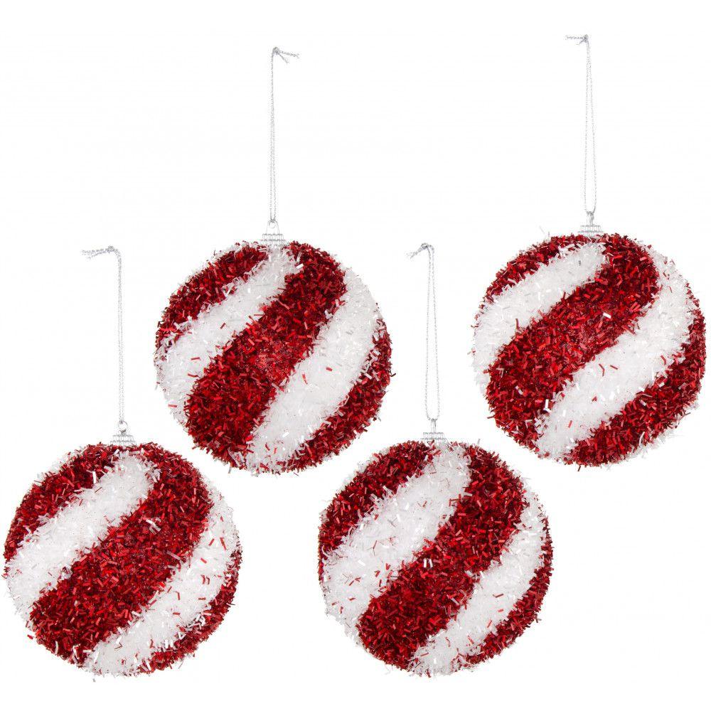 Red Box with White Swirl Logo - 100MM Fuzzy Tinsel Ball Ornament (Box of 4): Red & White Swirl ...