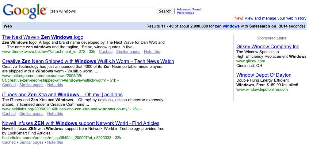 Zen Windows Logo - Screen shot of search results for “Zen Windows” with The Next Wave ...