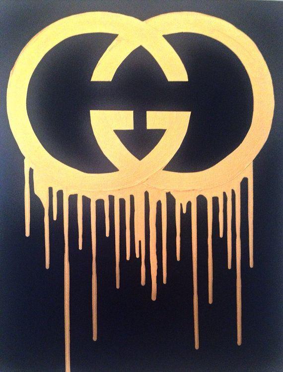 Trippy Gucci Logo - Gucci Drip Painting (16x20) Gucci Inspired, Black and Gold Art ...