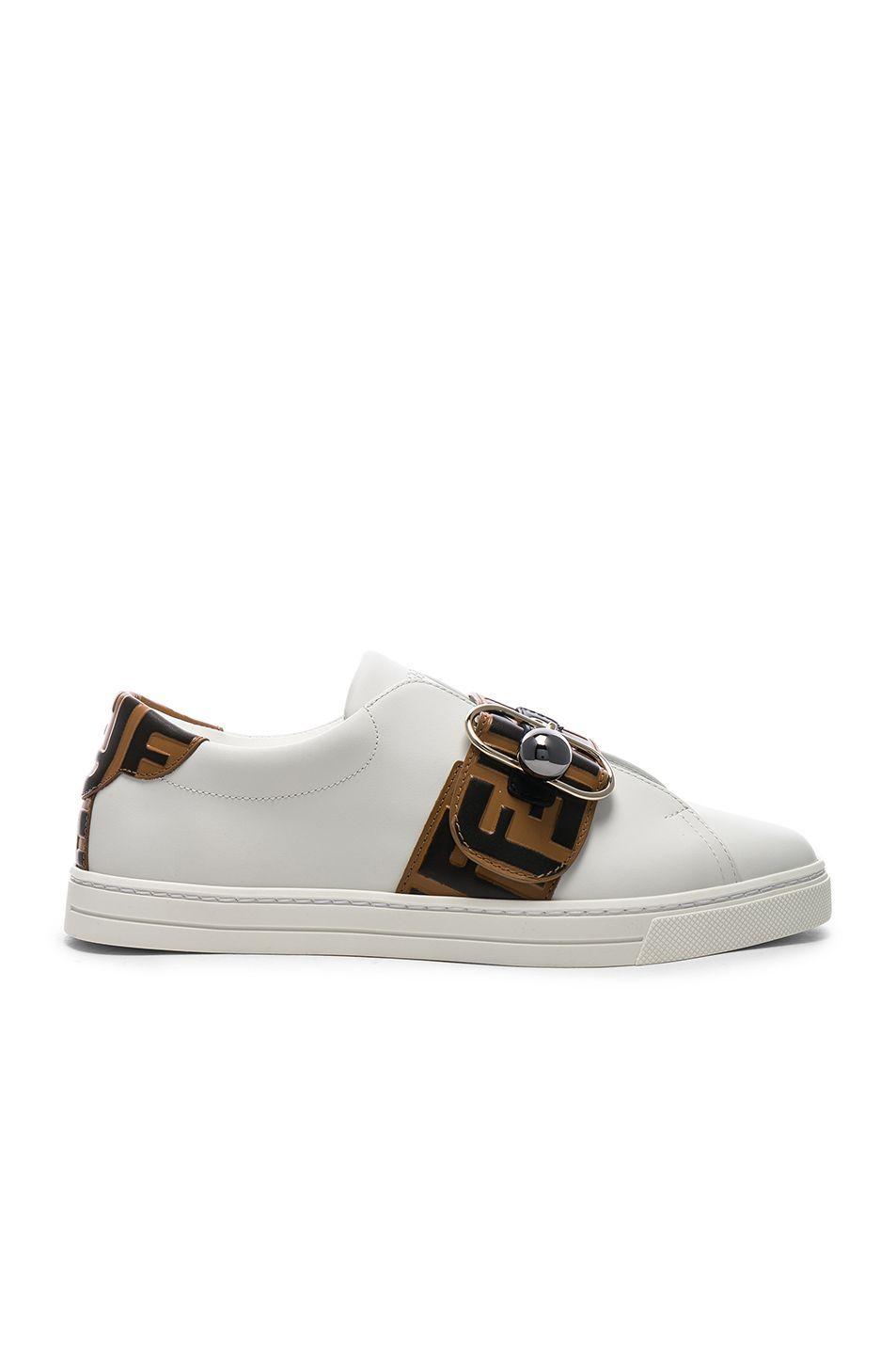 Expensive Shoe Logo - Fendi Logo Print Buckle Strap Sneakers in White, Black & Brown ...