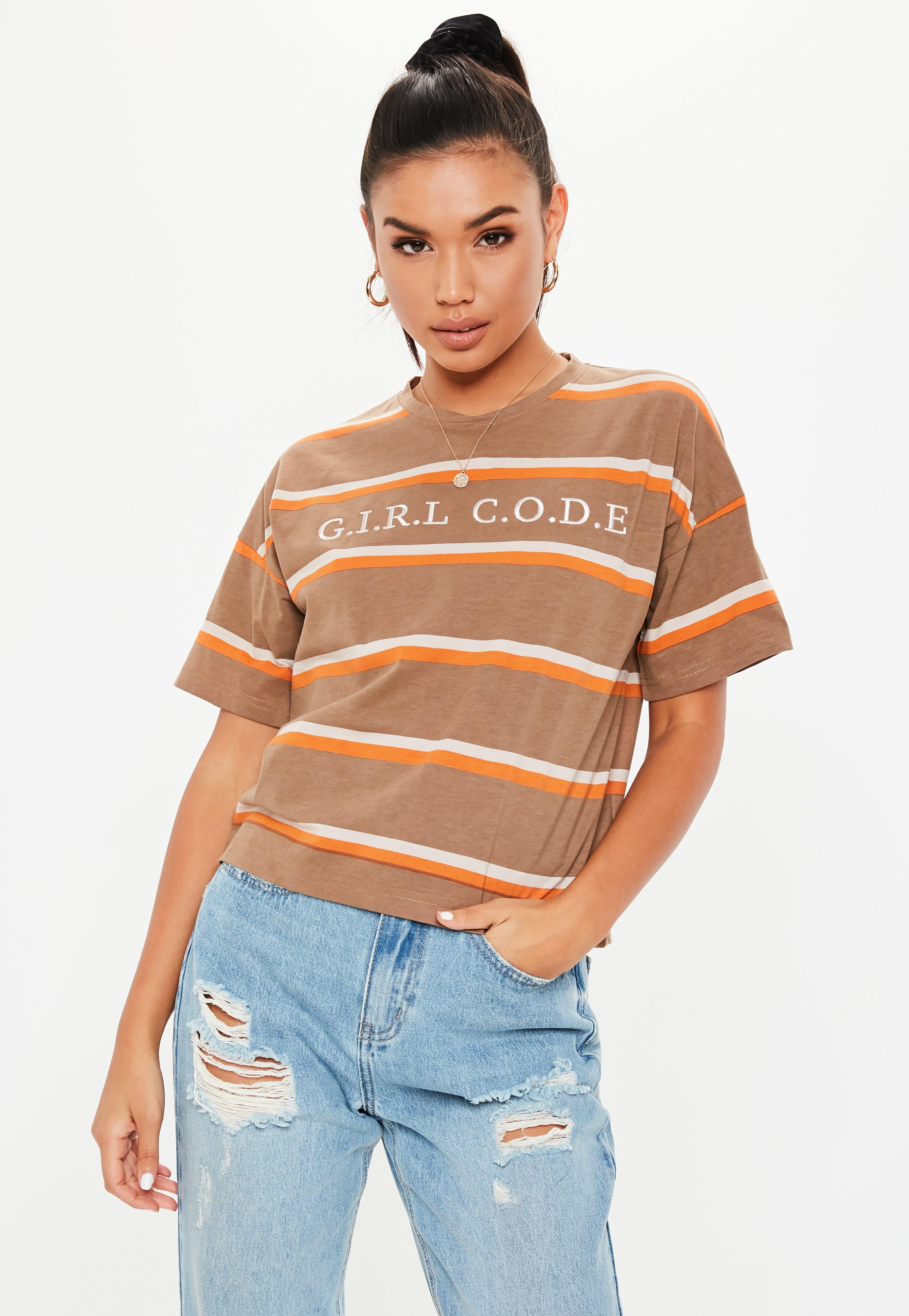 Orange Boxy R Logo - Camel Girl Code Stripe Boxy T Shirt