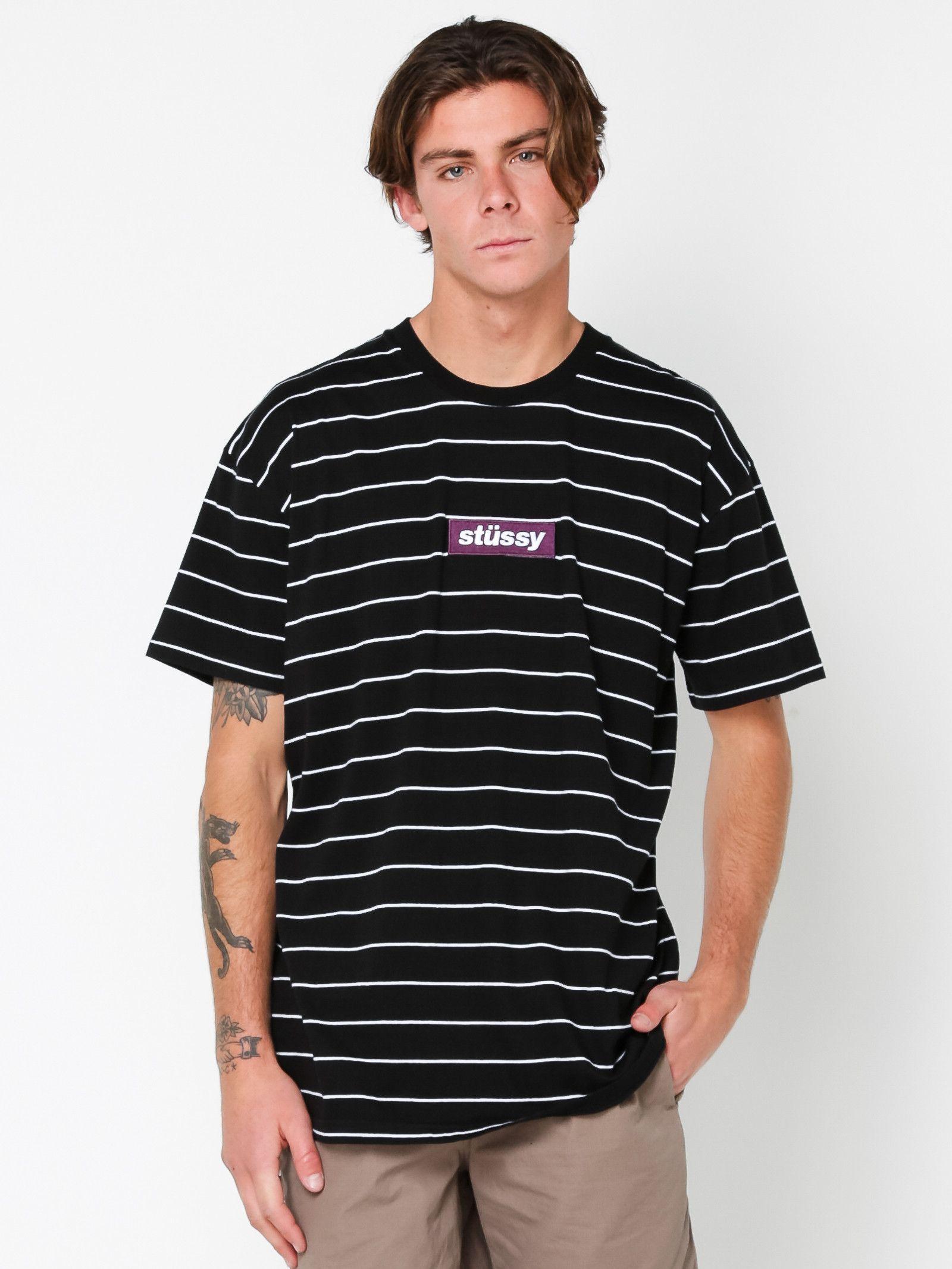 Stussy Box Logo - Stussy Italic Box Stripe T-Shirt in Black