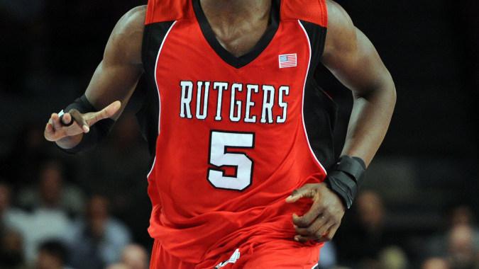 Red and Black Knights Basketball Logo - 2009 Rutgers Red and Black Road Uniform