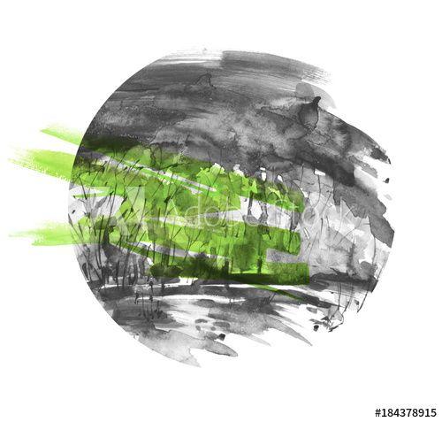 Black and Green Circular Logo - Watercolor ecological painting, logo. Watercolor green and black