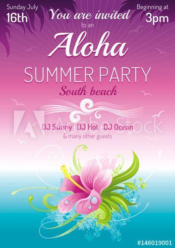 Sunset Flower Logo - Sunset beach sea poster, hawaiian luau party. Watercolor hibiscus ...