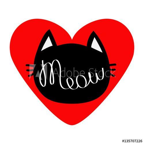 Black White Red Shape Logo - Black cat head silhouette shape. Meow lettering text. Love card ...