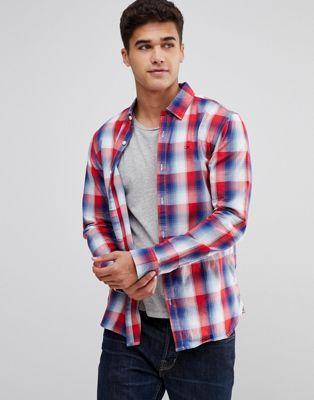 Red Check Clothing Logo - Mens Clothing Tommy Jeans Check Slim Fit Shirt Flag Logo in Red