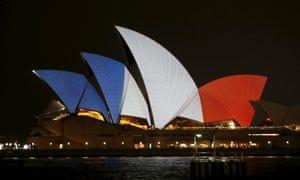 Red White Blue House Logo - Sydney Opera House lit up in blue, white and red as world cities