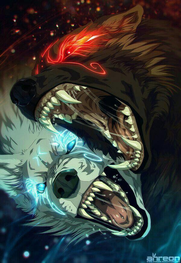 Red and Blue Cool Wolf Logo - Wolves, blue, red, light, black, white, cool; Anime Creatures