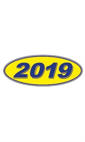 Blue with Yellow Oval Logo - Oval Windshield Year Stickers Yellow. SSW Dealer Supply