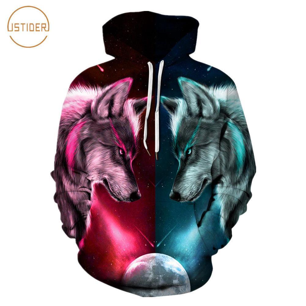 Red and Blue Cool Wolf Logo - ISTider New Design Half Red Blue Fire Ice Wolf Hoodies Men