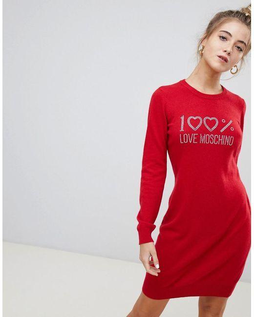 Red Dress Logo - Love Moschino Logo Jumper Dress In Wool Cashmere Blend in Red