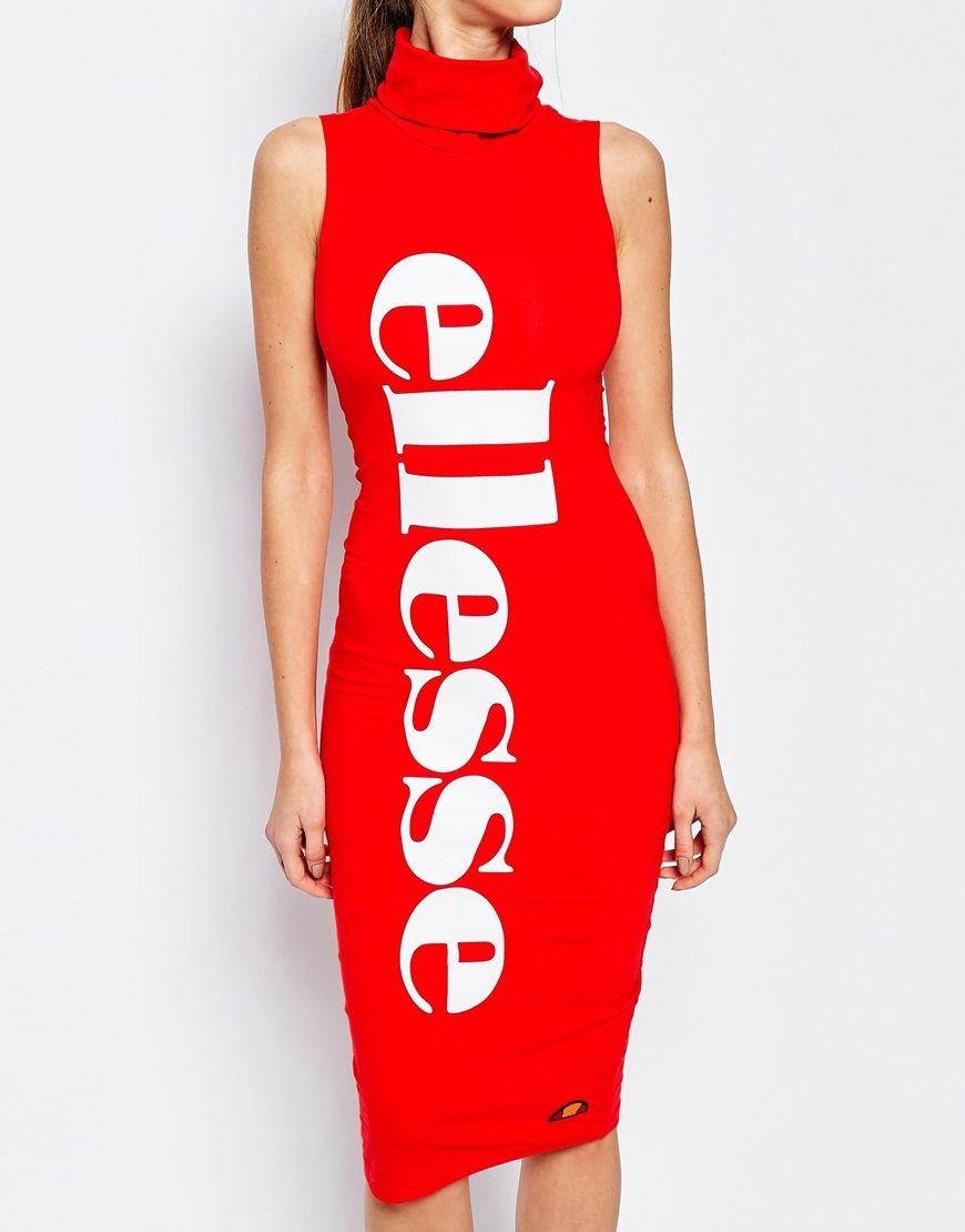 Red Dress Logo - Ellesse High Neck Bodycon Dress With Front Logo in Red