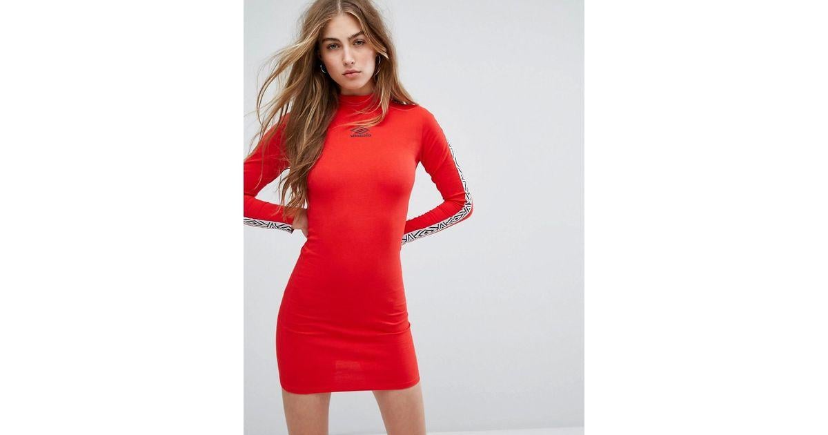 Red Dress Logo - Umbro High Neck Bodycon Dress With Arm Tape Logo in Red