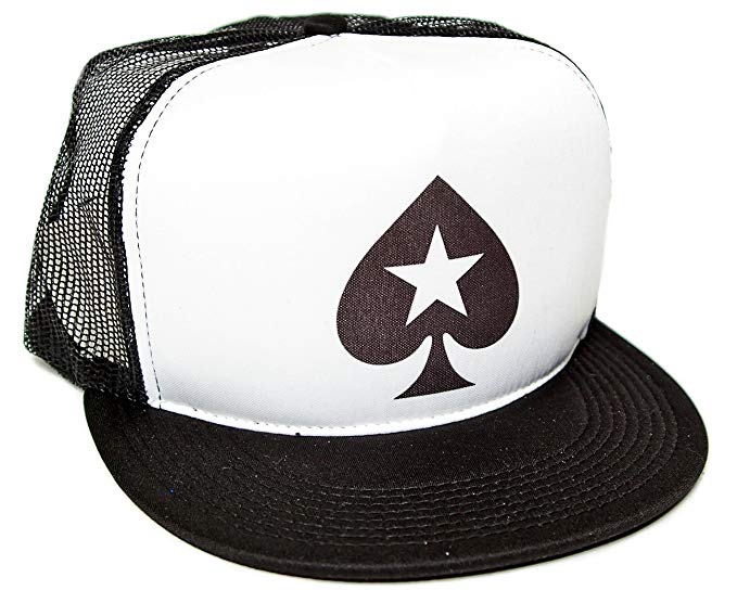Spade with White Star Logo - Poker Spade Star Unisex Adult One Size Trucker Hat Black