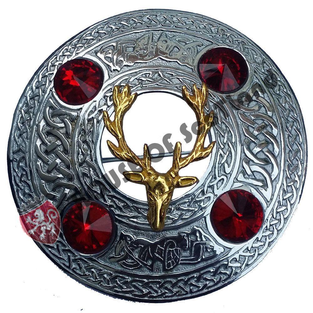 Red Stone Head Logo - Scottish Kilt Fly Plaid Brooch Red Stone Chrome 4 Stag Head Pin
