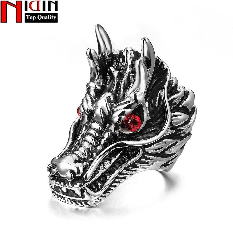 Red Stone Head Logo - NIDIN Dragon Head Rings For Men Punk Rock Style Red Stone Rings