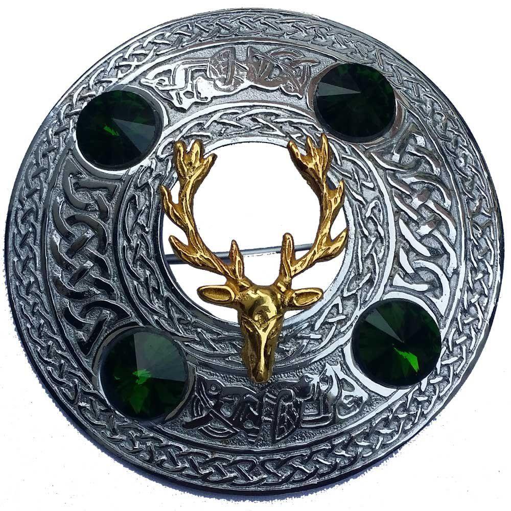 Red Stone Head Logo - Scottish Kilt Fly Plaid Brooch Stag Head with 4 Red